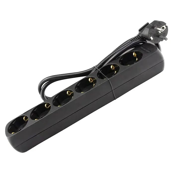 Base de enchufe múltiple - 6 conexiones, Negro, Longitud del cable: 1,4 m, Sin interruptor, Número de enchufes Schuko: 6 ud. - Regleta negra con seis enchufes y un cable de alimentación con enchufe para el mercado alemán. Ideal para uso doméstico.