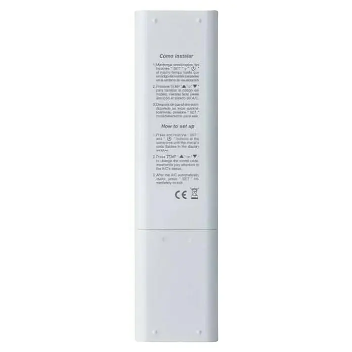 HTW Mando a distancia universal iGlobal - Espacios hasta 105 m² - Parte posterior de un mando a distancia blanco de aire acondicionado con instrucciones para la instalación y la configuración.