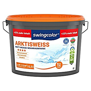 swingcolor Wandfarbe Arktisweiß +25 % mehr Inhalt (Schneeweiß, Matt, 12,5 l, Konservierungsmittelfrei)