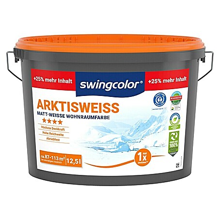 swingcolor Wandfarbe Arktisweiß +25 % mehr Inhalt (Schneeweiß, Matt, 12,5 l, Konservierungsmittelfrei)
