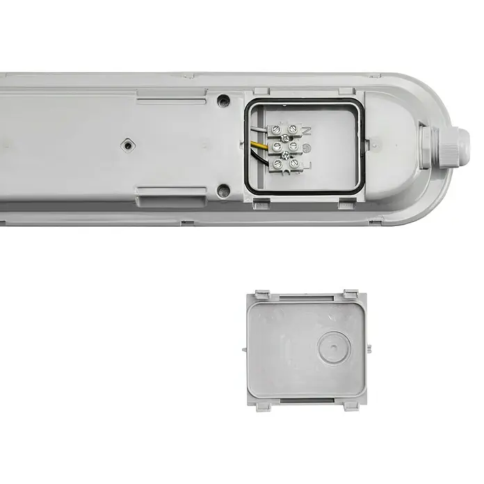 Voltolux LED-Feuchtraumlichtleiste mit Mikrowellensensor - L x B x H: 120 x 9,2 x 6 cm, Lichtfarbe: Neutralweiß, 48 W, IP65 - LED-Feuchtraumleuchte mit geöffnetem Anschlusskasten und separatem Deckel. Ideal für Industrie und Gewerbe.