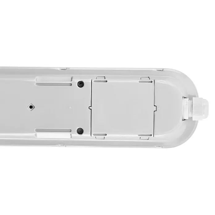 Voltolux LED-Feuchtraumlichtleiste mit Mikrowellensensor - L x B x H: 120 x 9,2 x 6 cm, Lichtfarbe: Neutralweiß, 48 W, IP65 - Nahaufnahme einer LED-Feuchtraumleuchte in Weiß, die für helle und sichere Beleuchtung in Umgebungen mit hoher Feuchtigkeit entwickelt wurde.