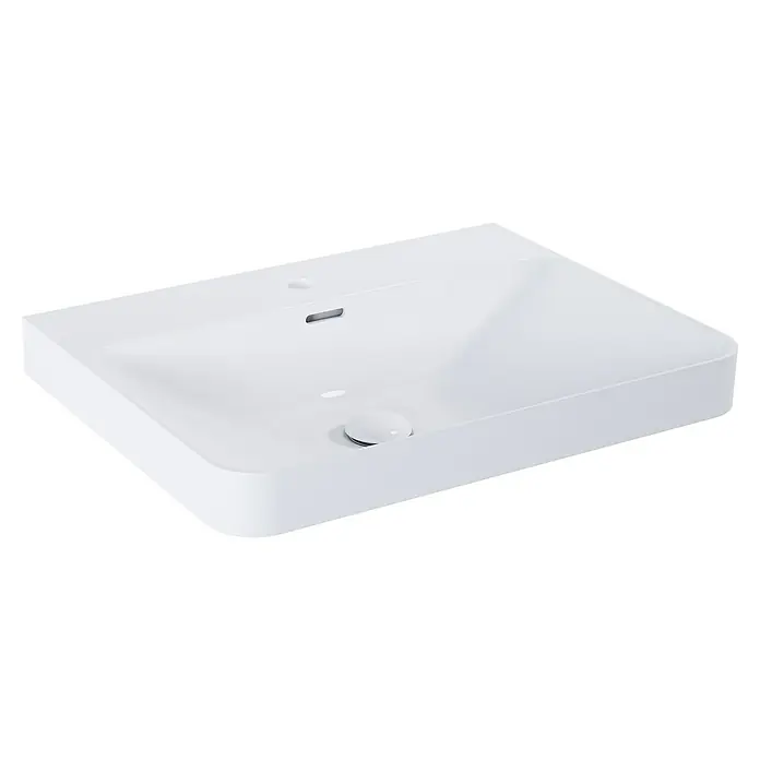 Riva Beauty 2.0 Einbauwaschbecken - 61 x 46,4 cm, Weiß - Nahaufnahme eines modernen, rechteckigen Aufsatzwaschbeckens in Weiß, das durch sein minimalistisches Design und die klaren Linien besticht.