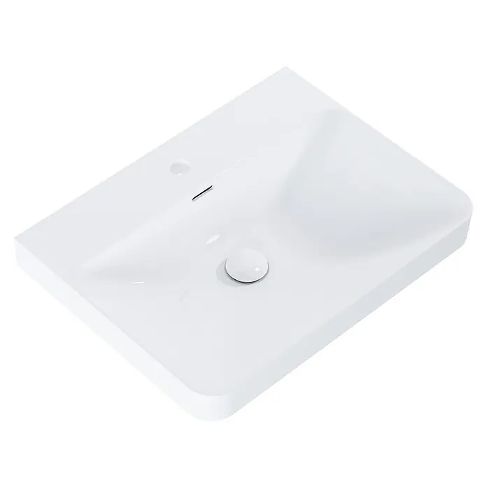 Riva Beauty 2.0 Einbauwaschbecken - 61 x 46,4 cm, Weiß - Ansicht von oben auf ein weißes Waschbecken, ideal für moderne Badezimmer. Das Becken hat ein elegantes und minimalistisches Design.