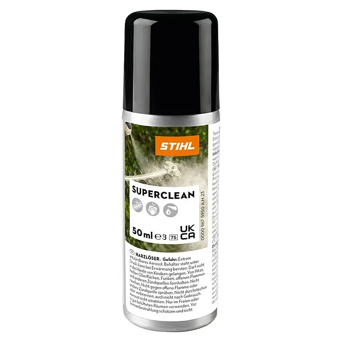 Stihl Universalreiniger Superclean - 50 ml - STIHL Superclean Harzlöser in einer silbernen Spraydose mit schwarzer Kappe, für die Reinigung von Geräten.