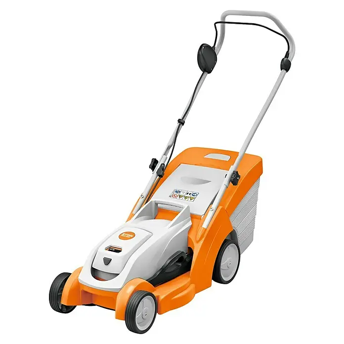 Stihl AK Akku-Rasenmäher RMA 239 - 1 Akku, 4 Ah, Schnittbreite: 370 mm - Oranger und weißer Elektrorasenmäher mit grauem Griff und schwarzen Bedienelementen.