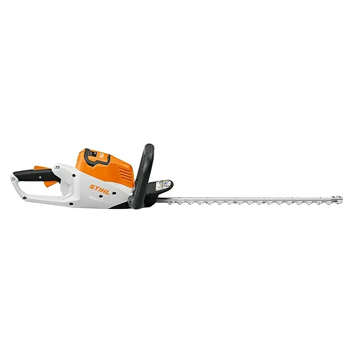 Stihl AK Akku-Heckenschere HSA 50 - 36 V, Li-Ionen, Ohne Akku, Schnittlänge: 50 cm - Stihl Heckenschere mit orange-weißem Gehäuse, schwarzen Griffen und langem silbernem Messer.