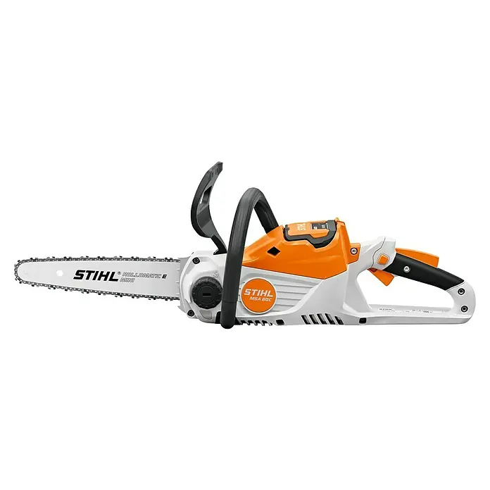 Stihl AK Akku-Kettensäge MSA 60 C-B - 36 V, Li-Ionen, Ohne Akku - Akku-Kettensäge STIHL MSA 60 C mit weiß-orangem Gehäuse, schwarzen Griffen und silbernem Führungsschwert mit Kette.