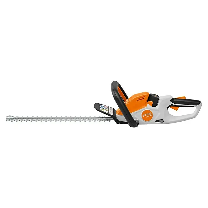 Stihl AS Akku-Heckenschere HSA 30 - 10,8 V, Li-Ionen, 1 Akku, Schnittlänge: 45 cm - Weiße, orange und schwarze Stihl HSA 30 Akku-Heckenschere mit langem silbernem Schneidmesser.