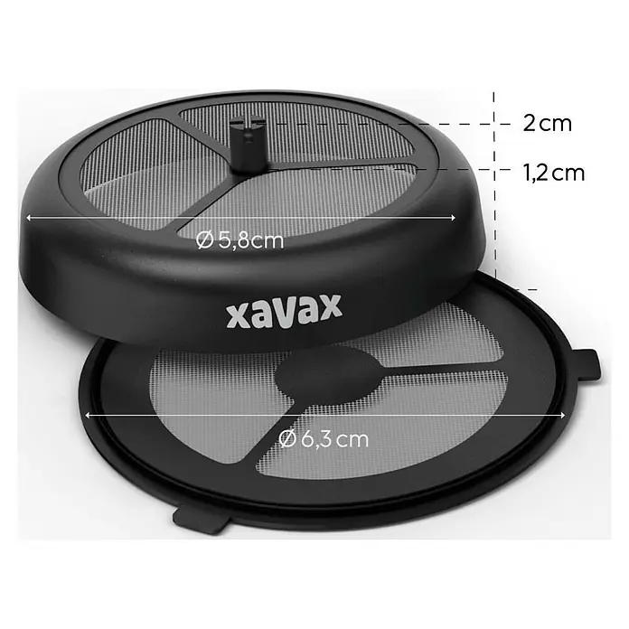 Xavax Kaffeepad - 2 Stk. - Zwei schwarze Kaffeefiltereinsätze mit Sieben, Maße: Durchmesser 5,8cm, 6,3cm; Höhen 1,2cm, 2cm.