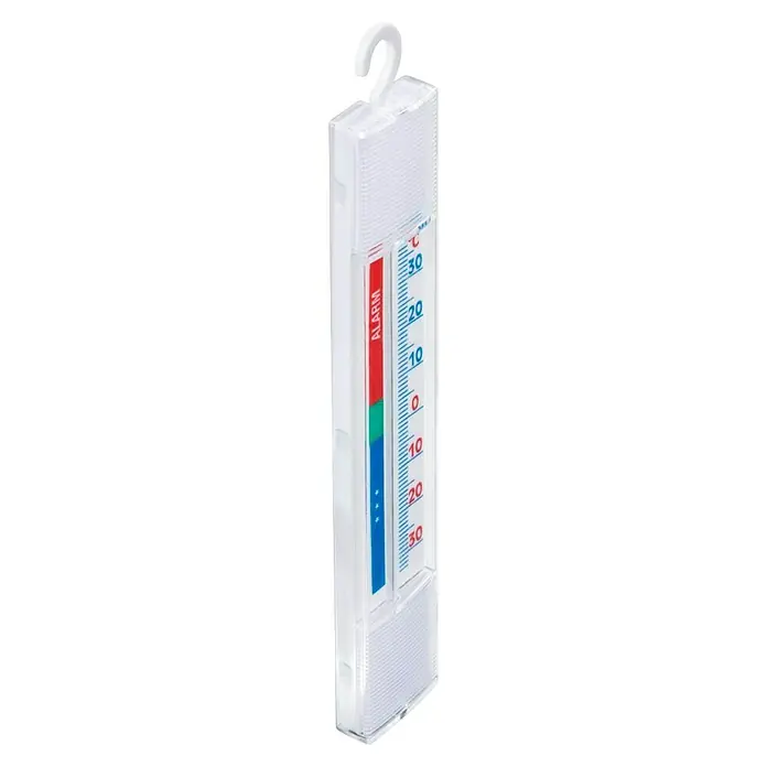 Xavax Thermometer - Passend für: Kühlschrank, Höhe: 23 cm - Weißes, transparentes Kunststoffthermometer mit Aufhängehaken, das eine Celsius-Skala und farbige Alarmzonen anzeigt.