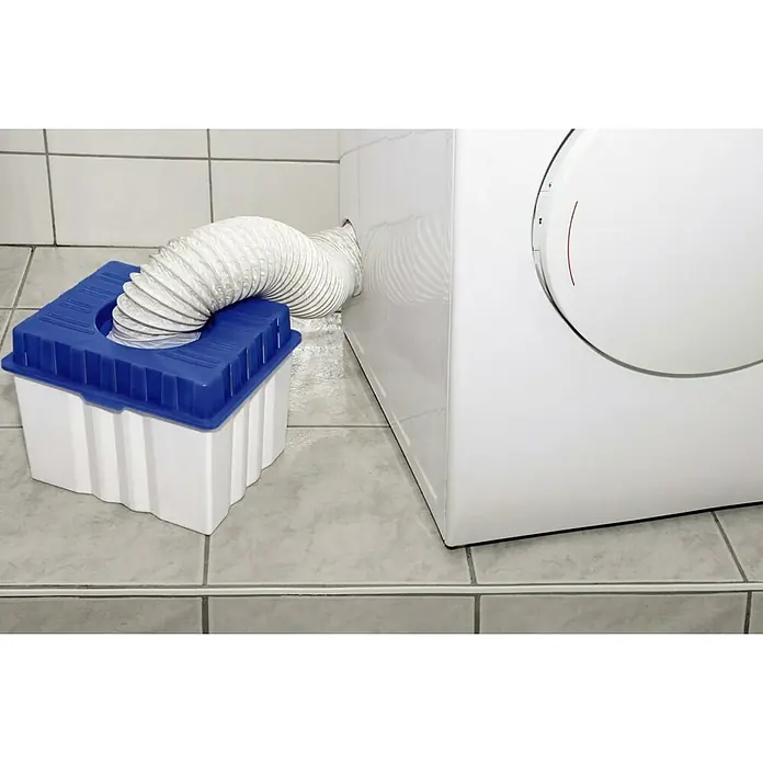 Xavax Kondensatbox - Fassungsvermögen: 7 l - Weißer und blauer Trockner-Auffangbehälter mit flexiblem Schlauch, an einen weißen Wäschetrockner angeschlossen.