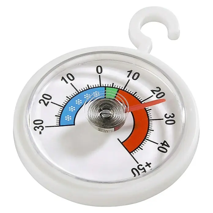 Xavax Thermometer - Passend für: Kühlschrank - Weißes Rundthermometer mit Haken, zeigt eine Temperatur von ca. 22°C an.