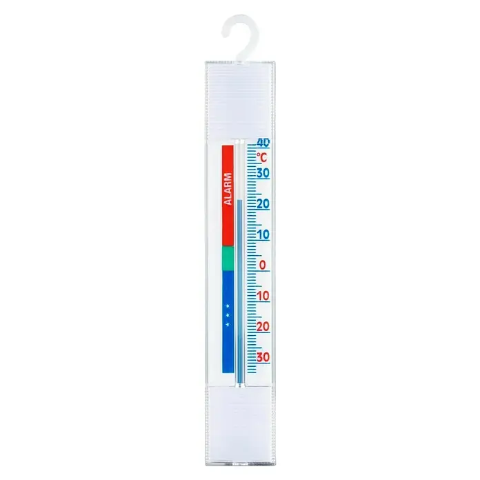 Xavax Thermometer - Passend für: Kühlschrank, Höhe: 23 cm - Weißes Kunststoffthermometer mit Celsius-Skala (-30 bis +40), roten (Alarm), grünen und blauen (Frost) Anzeigen und Aufhängehaken.