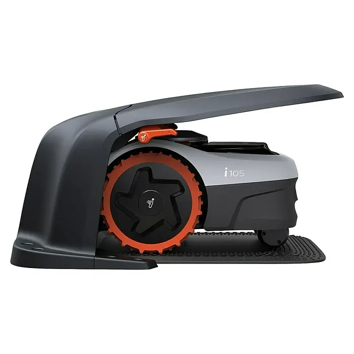 Segway Mähroboter-Set Navimow i105E + Garage S1A02E - 500 m², Schnittbreite: 18 cm, Satellitengestützte Navigation, RTK - Bild eines iMOW® Robotermähers der Marke STIHL, Modell iMOW® iMOW® i105, mit orangefarbenen Details und offenem Gehäuse.