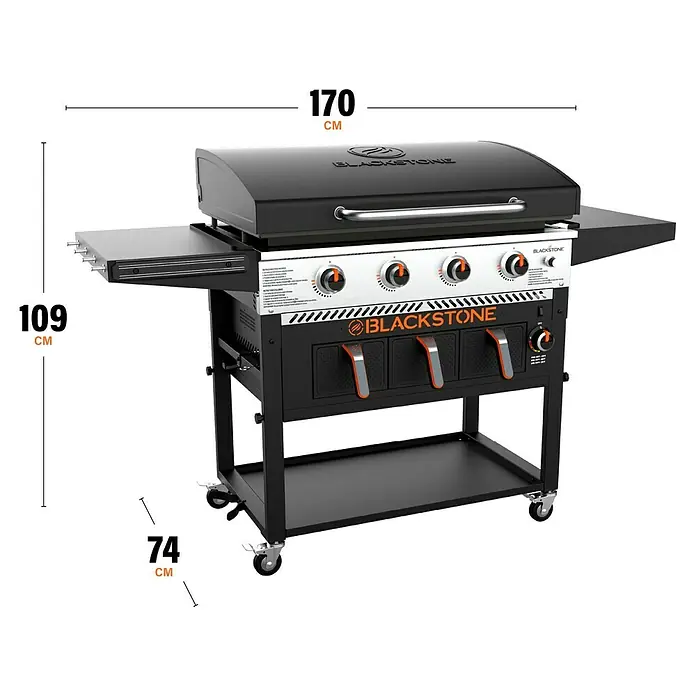 Blackstone Plancha-Grill 36" mit Airfryer - Grillfläche (B x T): 91 x 55 cm, 17,5 kW, Schwarz - Schwarze Blackstone-Grillplatte mit vier Brennern, Seitenablagen, Bodenablage und Rollen, 170x109x74 cm (LxHxT).