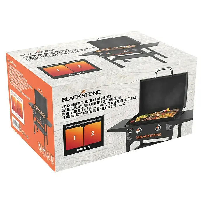 Blackstone Plancha Grill 28" - Superficie de la parrilla (An x Pr): 73 x 46 cm, Negro, Número de quemadores: 2 ud. - Imagen de una plancha Blackstone de 28" con capota y estantes laterales, ideal para cocinar al aire libre.