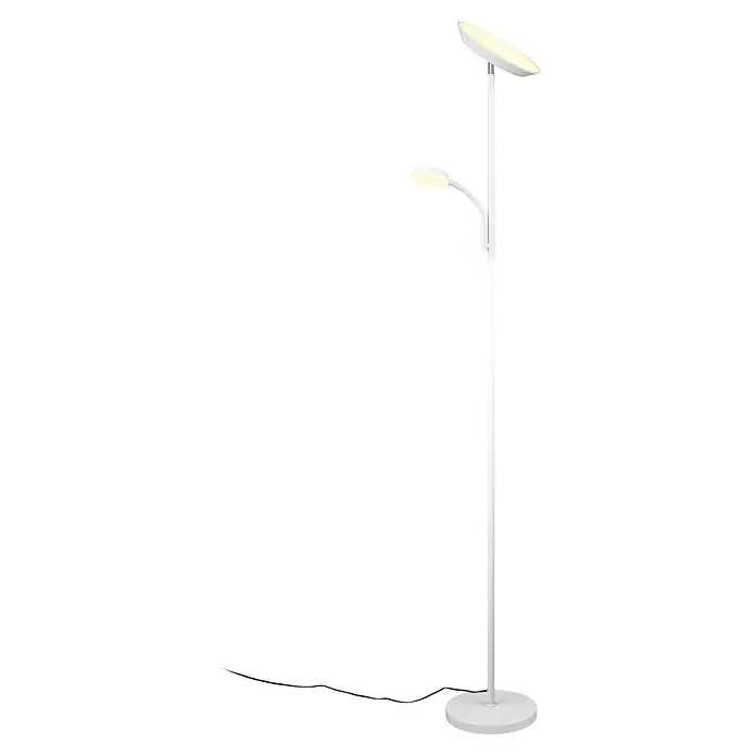 Trio Lighting Lámpara de pie LED con lector - 18 W, Altura: 178 cm, Blanco, Blanco cálido - Imagen de una lámpara de pie con dos fuentes de luz en blanco. La lámpara tiene un diseño elegante y moderno y es ideal para salones.