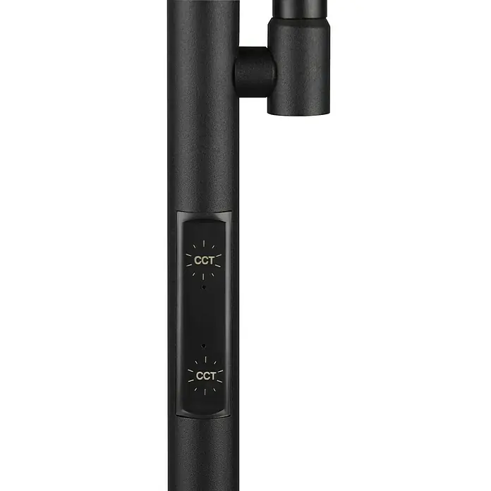 Trio Lighting Lámpara de pie LED con lector Specter - 17 W, Altura: 178 cm, Negro, Blanco cálido - Primer plano de los controles CCT en una barra de equipo negra, destacando el ajuste profesional.