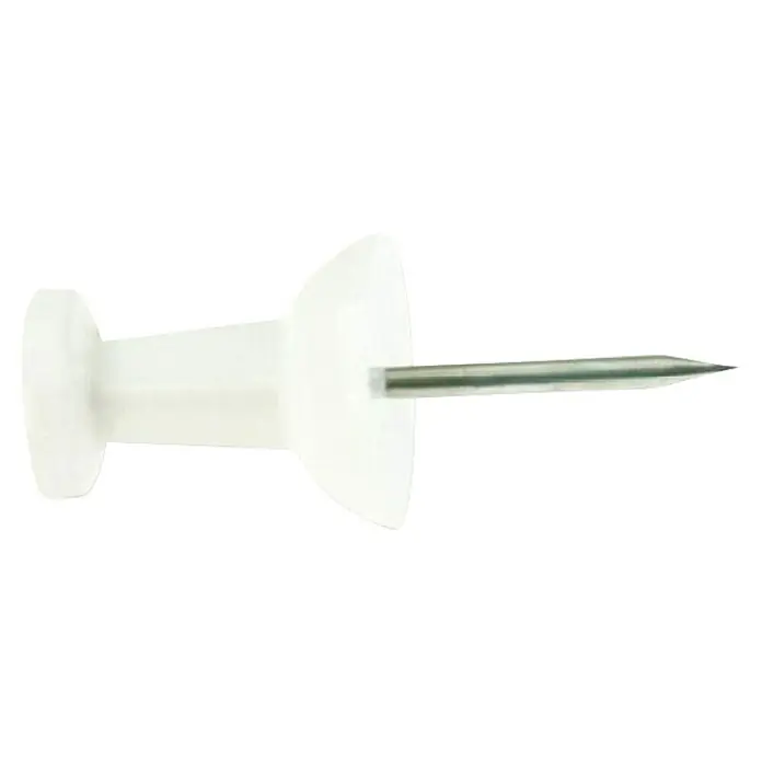 Pinnwandstift - Weiß, 16 Stk. - Dieses Bild zeigt eine weiße Reißzwecke mit einer scharfen Metallspitze. Ideal zum Befestigen von Notizen oder Bildern an einer Pinnwand.