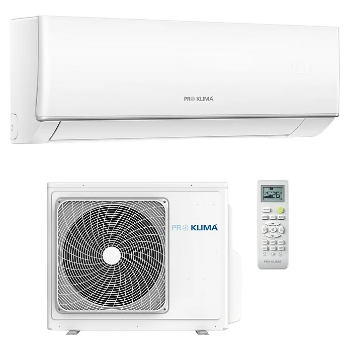 PR Klima Aire acondicionado Inverter 18 - 5.000 W, 4.800 W, 25 m² - 35 m², Blanco - Imagen de un aire acondicionado Pro Klima que muestra la unidad interior y exterior junto con su control remoto.