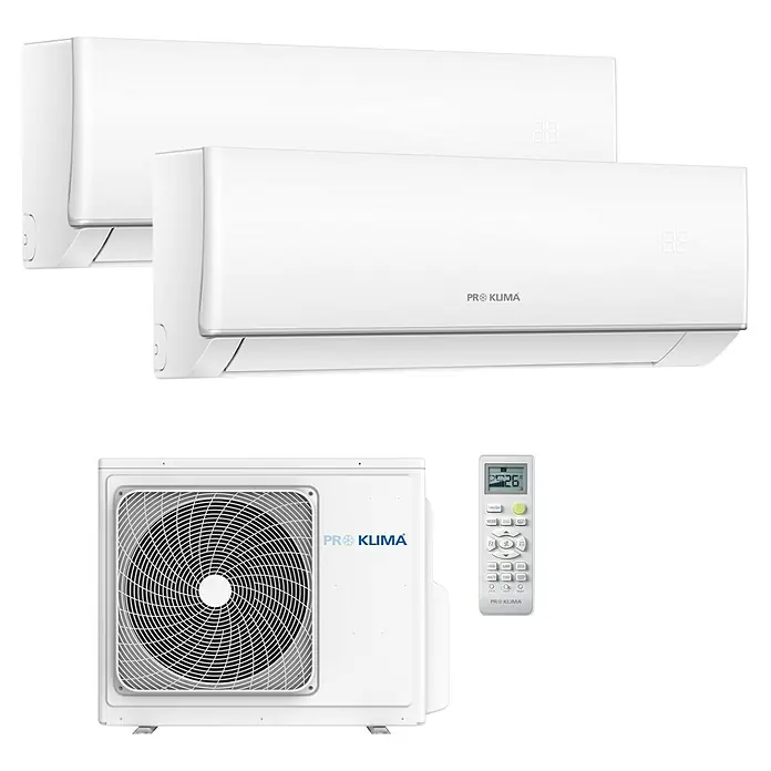 PR Klima Aire acondicionado Inverter 2x1 - 2.600 W - 3.200 W, 2.800 W - 3.600 W, 16 m² - 25 m², Blanco - La imagen muestra un aire acondicionado Pro Klima, con unidades interiores, una unidad exterior y un mando a distancia.