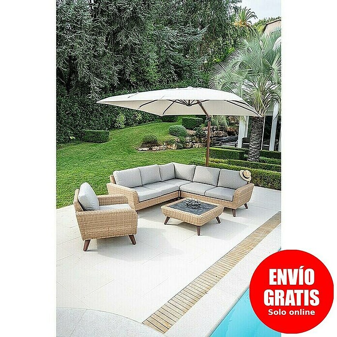 Conjunto de muebles Royal sofá esquinero + sillón + mesa (3 pzs., Ratán sintético/Aluminio, Beige) | BAUHAUS