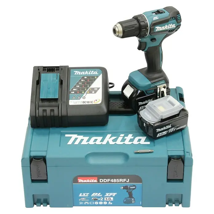 Makita LXT 18V Akku-Bohrschrauber-Set DDF485RFJ - 18 V, 2 Akkus, 50 Nm - Makita DDF485RFJ Akku-Bohrschrauber-Set mit zwei 18V 3.0Ah Akkus, Ladegerät und robustem Tragekoffer für den professionellen Einsatz.