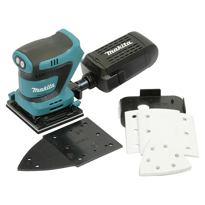 Makita LXT 18V Akku-Schwingschleifer DBO480Z - 18 V, Ohne Akku - Ein Akku-Multischleifer der Marke Makita mit Zubehör wie Schleifpapier und Schleifplatte. Ideal für präzises Schleifen und Polieren.
