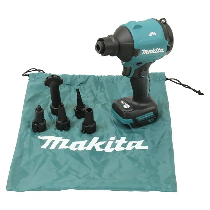 Makita LXT 18V Akku-Gebläse DAS180Z - 18 V, Ohne Akku, 200 mm/s - Abbildung eines Makita Akku-Druckluftprüfers mit verschiedenen Düsen und Zubehör in einer Tasche.
