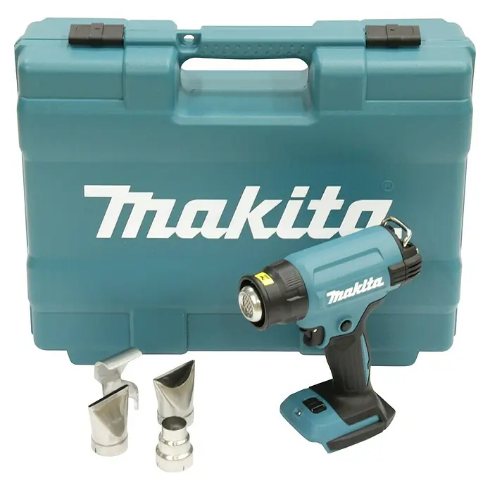 Makita LXT 18V Akku-Heißluftgebläse DHG181ZK - 18 V, Ohne Akku, Temperaturbereich: 150 °C - 550 °C - Akku-Heißluftpistole von Makita mit Aufsätzen und Transportkoffer in türkis. Ideal für präzise Arbeiten, sicher und mobil.