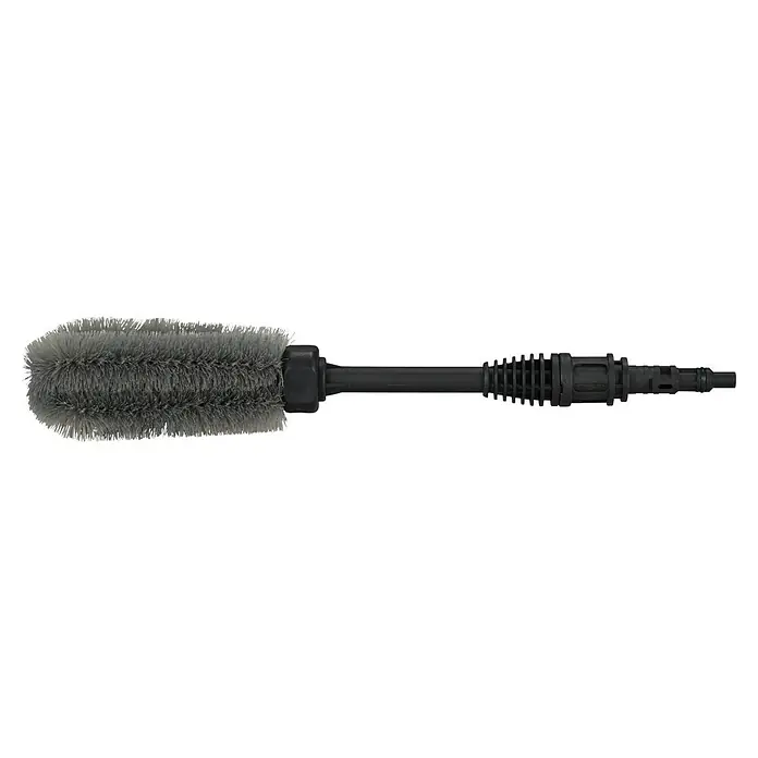 Makita Felgenbürste LX00000003 - Passend für: Makita Akku-Druckreiniger DHW180Z - Eine Nahaufnahme einer rotierenden Waschbürste mit weichen grauen Borsten und schwarzem Griff, ideal für die Fahrzeugreinigung.