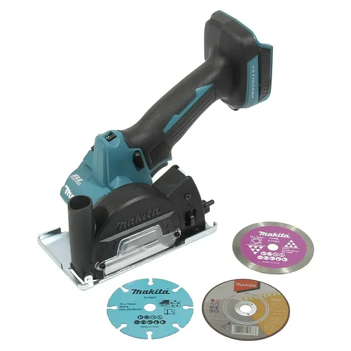 Makita LXT 18V Akku-Trennschleifer DMC300Z - Ohne Akku - Akkubetriebene Makita-Säge mit drei verschiedenen Sägeblättern für vielseitige Schneidanwendungen. Ideal für präzise Schnitte.