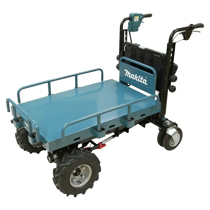 Makita LXT 18V Akku-Schubkarre DCU601Z -  - Blauer elektrischer Makita-Plattformwagen mit großen Hinterrädern und Vorderrad, steuerbar über einen Griff.