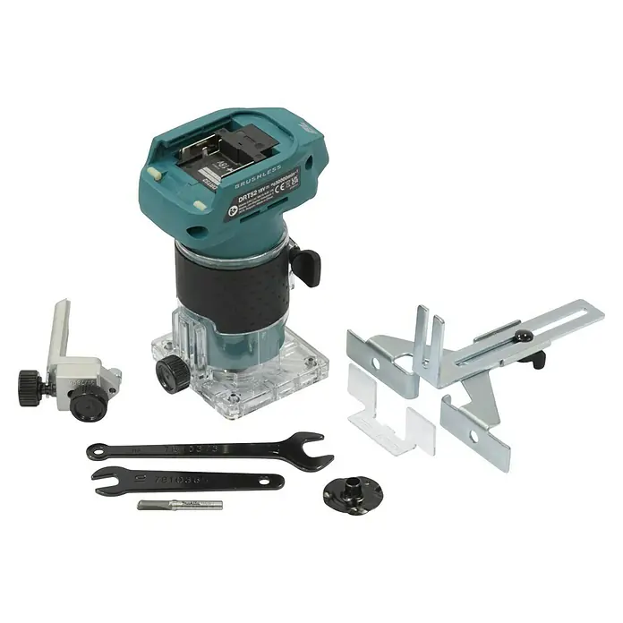 Makita LXT 18V Akku-Kantenfräser DRT52Z - 18 V, Ohne Akku, Leerlaufdrehzahl: 30.000 U/min - Bild einer Makita DRT52 Akku-Oberfräse mit Zubehör für präzise Holzarbeiten.