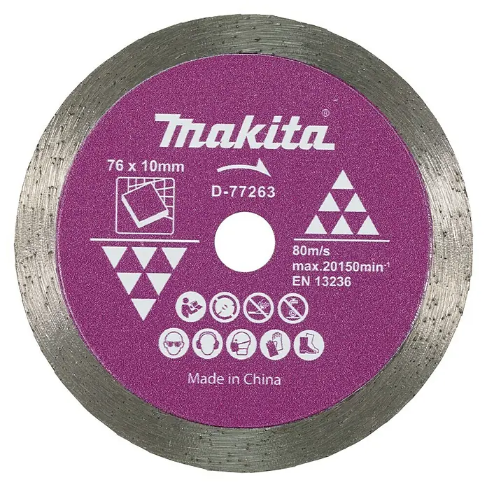 Makita Diamant-Trennscheibe D-77263 - Geeignet für: Keramik, Durchmesser Scheibe: 76 mm, Stärke Scheibe: 1,4 mm - Nahaufnahme einer Trennscheibe von Makita, 76 x 10 mm, geeignet für Fliesen. Die Scheibe ist lila und grau.