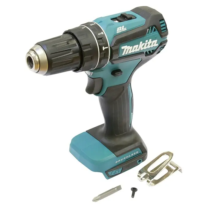 Makita LXT 18V Akku-Schlagschrauber DHP485Z - 18 V, Ohne Akku, 50 Nm - Nahaufnahme eines Akku-Bohrschraubers von Makita, ideal für Heimwerker- und Profiprojekte. Leistungsstark und zuverlässig.