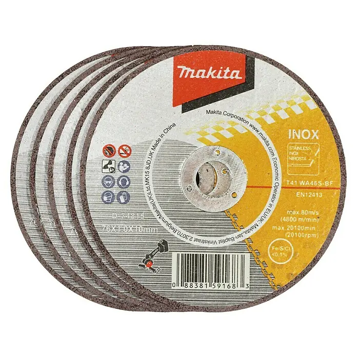 Makita Trennscheiben-Set D-74815-5 - Durchmesser Scheibe: 76 mm, Geeignet für: Edelstahl, 5 Stk. - Eine Nahaufnahme von mehreren Makita INOX Trennscheiben, die für Metallarbeiten verwendet werden.