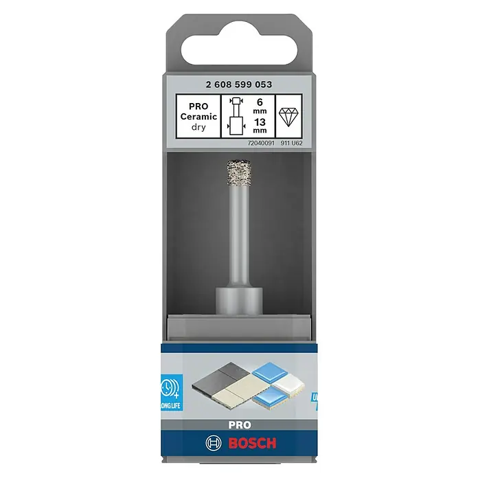 Bosch Diamant-Trockenbohrer - Durchmesser Bohrer: 6 mm - Bild einer Bosch Pro Ceramic dry Diamantbohrkrone, ideal für präzise Bohrungen in Keramik, mit 6mm Durchmesser und 13mm Arbeitslänge.