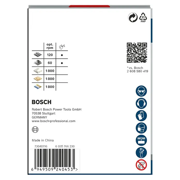 Bosch Lochsäge Pro Multi Material PC Plus - Durchmesser: 73 mm, Stahl - Bild einer Produktverpackung von Bosch mit Hinweisen zu Umdrehungszahlen, Herstellerinformationen und Sicherheitshinweisen.