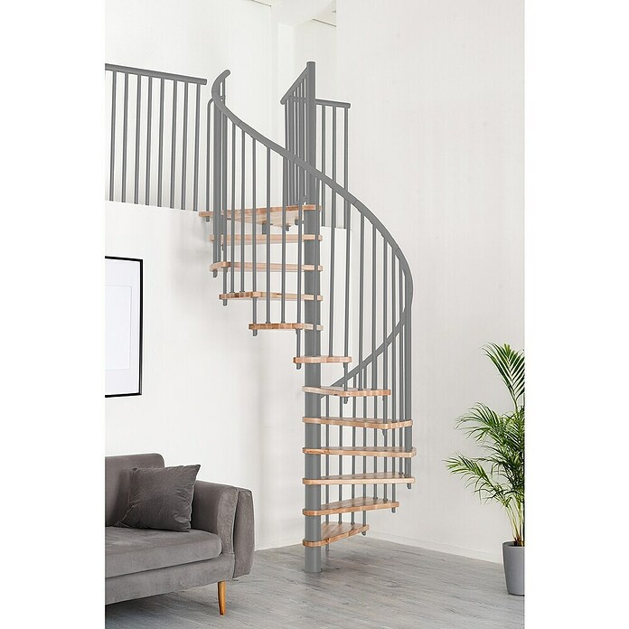 Minka Spindeltreppe Spiral Effect (Durchmesser: 160 cm, Silber, Farbe Stufen: Buche Hell, Geschosshöhe: Max. 309 cm)