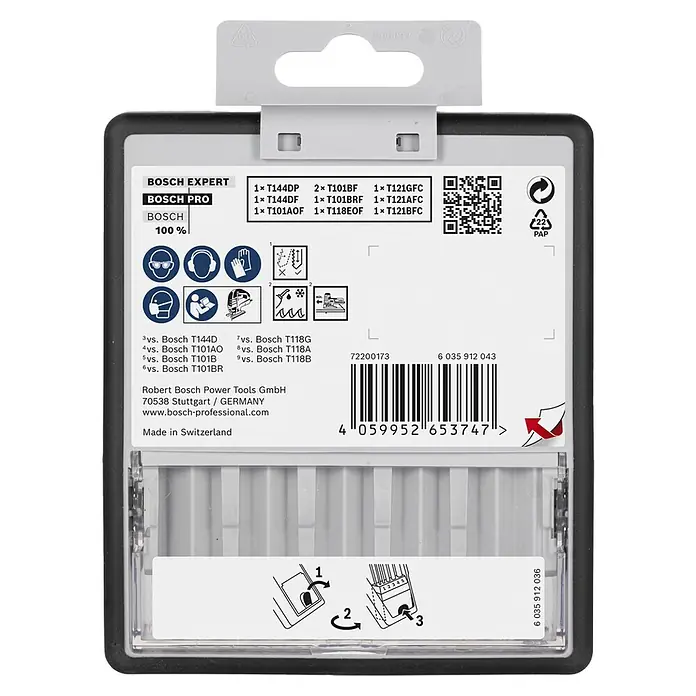 Bosch Stichsägeblatt-Set PRO Wood and Metal - 10 -tlg., T-Schaft - Bosch Expert/Pro Stichsägeblattsatz in weiß-schwarzer Kunststoffverpackung, mit Blatttypen und Sicherheitshinweisen.
