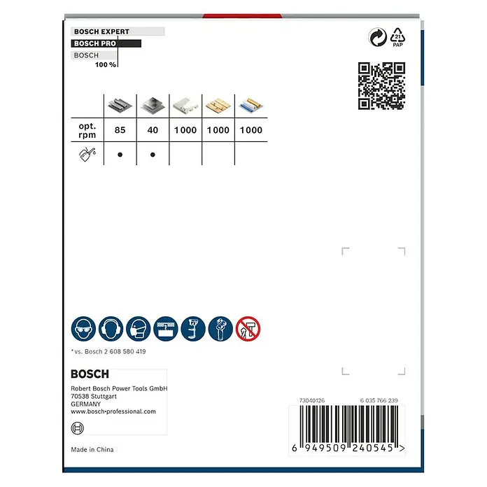 Bosch Lochsäge Pro Multi Material PC Plus - Durchmesser: 102 mm, Stahl - Bild der Bosch Pro Produktverpackung, die wichtige Produktdetails wie empfohlene Drehzahlen und Sicherheitsinformationen zeigt.