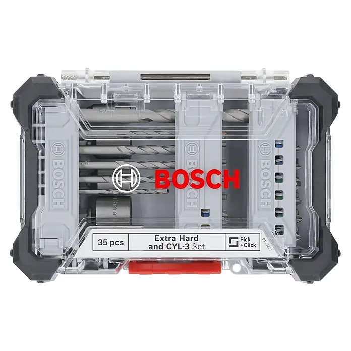 Bosch Bohrer- & Bit-Set Extra Hard und CYL-3 - 35 -tlg., 3 mm - 8 mm - Bosch 35-teiliges Bohr- und Bit-Set in transparenter Kunststoffbox mit dunkelgrauen Akzenten, inklusive Extra Hard und CYL-3 Bits.