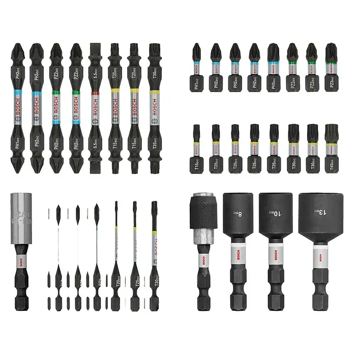 Bosch Bit-Set PRO Impact - 36 -tlg. - Schwarze und silberne Bosch Schrauberbits und Steckschlüssel in verschiedenen Größen und Antriebstypen.