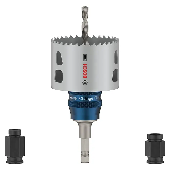 Bosch Professional Lochsägen-Set Starter-Set PRO Multi Material PC Plus - Durchmesser: 68 mm, 5 -tlg. - Bosch Silber-Lochsäge mit blauem Power Change Plus Adapter und zwei schwarzen Sechskant-Aufnahmen.