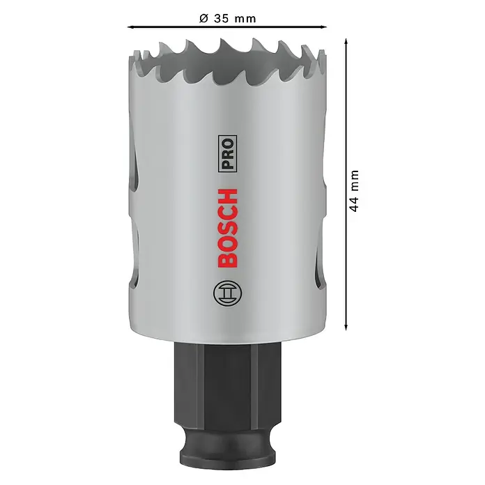 Bosch Lochsäge Pro Multi Material PC Plus - Durchmesser: 35 mm, Stahl - Bild einer Bosch Pro Lochsäge mit den Maßen Ø 35 mm Durchmesser und 44 mm Länge, ein hochwertiges Werkzeug für präzise Bohrungen.