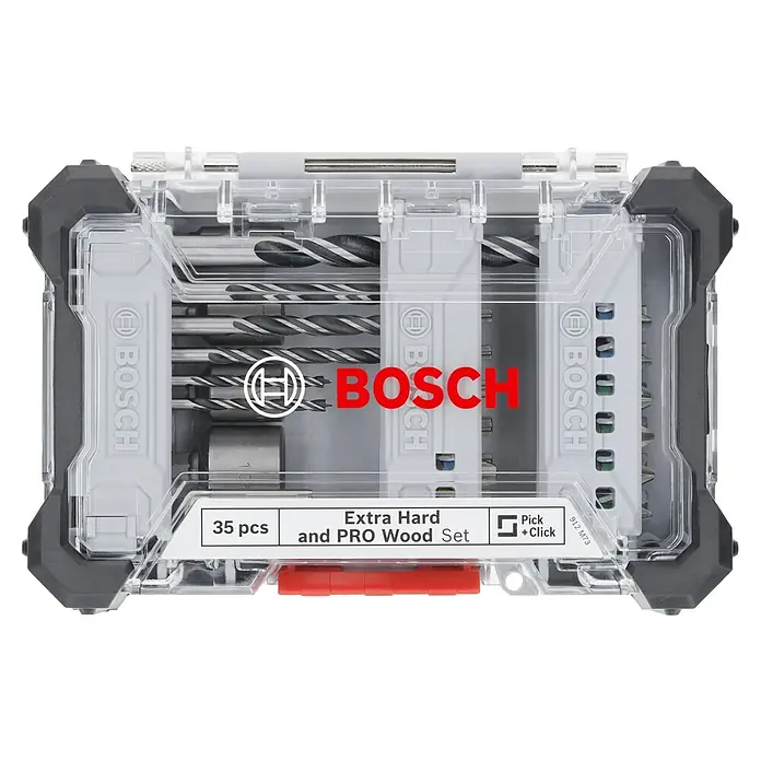 Bosch Bohrer- & Bit-Set Extra Hard und Pro Wood - 35 -tlg. - Bosch 35-teiliges Extra Hard & PRO Wood Bohrer- und Schrauberbit-Set im transparenten Pick+Click-Koffer.