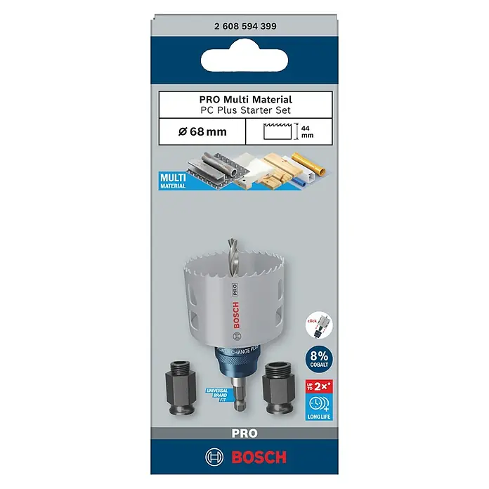 Bosch Professional Lochsägen-Set Starter-Set PRO Multi Material PC Plus - Durchmesser: 68 mm, 5 -tlg. - Bosch PRO Multi Material PC Plus Starter Set: 68mm Kobalt-Lochsäge, Power Change Plus Adapter und zwei Sechskantadapter.