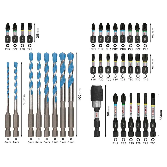 Bosch Bohrer- & Bit-Set Pro Impact Mixed Set - 35 -tlg. - Bild eines Bosch Bohrer- und Bit-Sets mit verschiedenen Größen und Typen für unterschiedliche Anwendungen, perfekt für Heimwerker und Profis.
